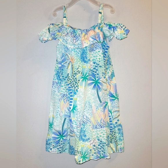 🌴 Tea Collection Off Shoulder Tropical Floral Blue Green Print Dress Girls 5 - Picture 1 of 7